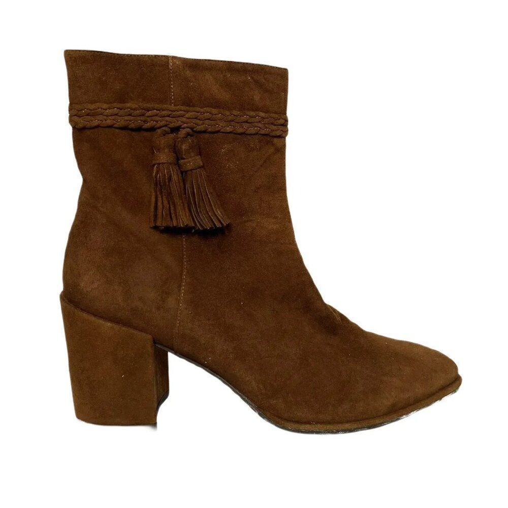 Stuart Weitzman Tazzie Brown Suede Tasseled Block Heel Ankle Boots